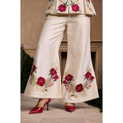 CHANDRIMA Ivory Floral Foliage Bell Bottom Style Pant