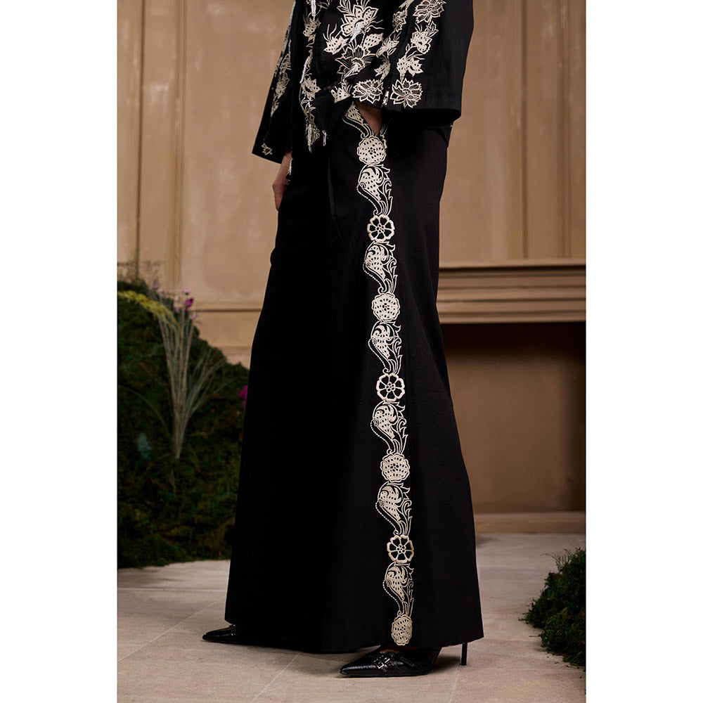 CHANDRIMA Black Contrast Embroidered Flared Pant