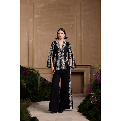 CHANDRIMA Black Contrast Embroidered Flared Pant