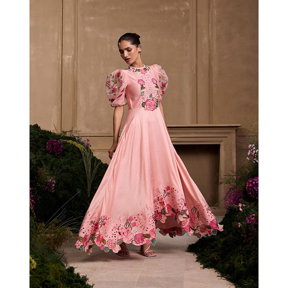CHANDRIMA Rose Pink Embroidered Flounce Dress