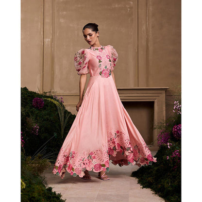 CHANDRIMA Rose Pink Embroidered Flounce Dress
