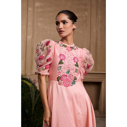 CHANDRIMA Rose Pink Embroidered Flounce Dress