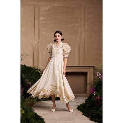 CHANDRIMA Ivory Pleated Embroidered Flounce Dress