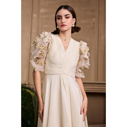 CHANDRIMA Ivory Pleated Embroidered Flounce Dress