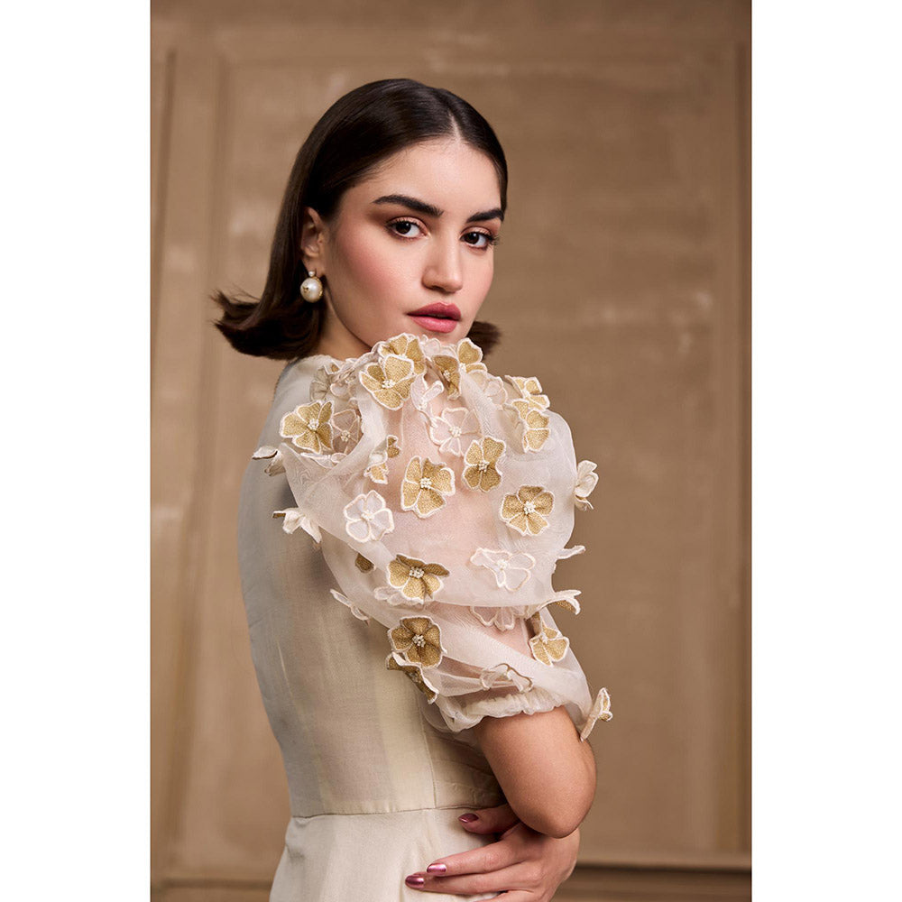 CHANDRIMA Ivory Pleated Embroidered Flounce Dress