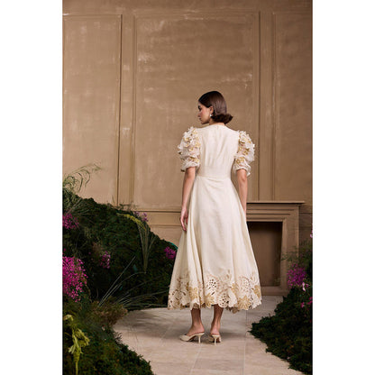 CHANDRIMA Ivory Pleated Embroidered Flounce Dress