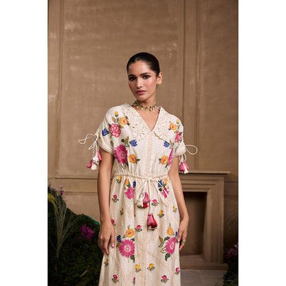 CHANDRIMA Ivory Applique and Threadwork Floral Shirt Style Dress
