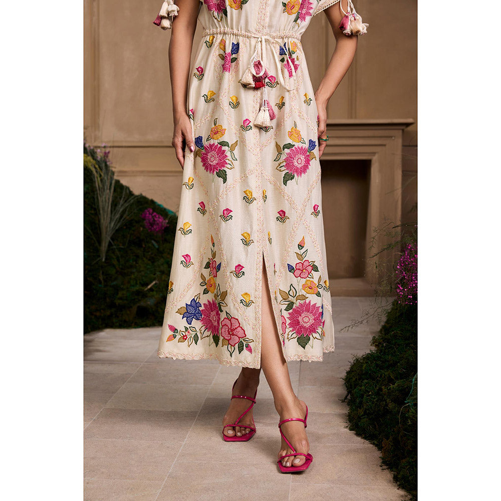 CHANDRIMA Ivory Applique and Threadwork Floral Shirt Style Dress