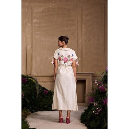 CHANDRIMA Ivory Applique and Threadwork Floral Shirt Style Dress