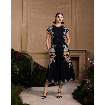 CHANDRIMA Black Floral Embroidered Midi Dress