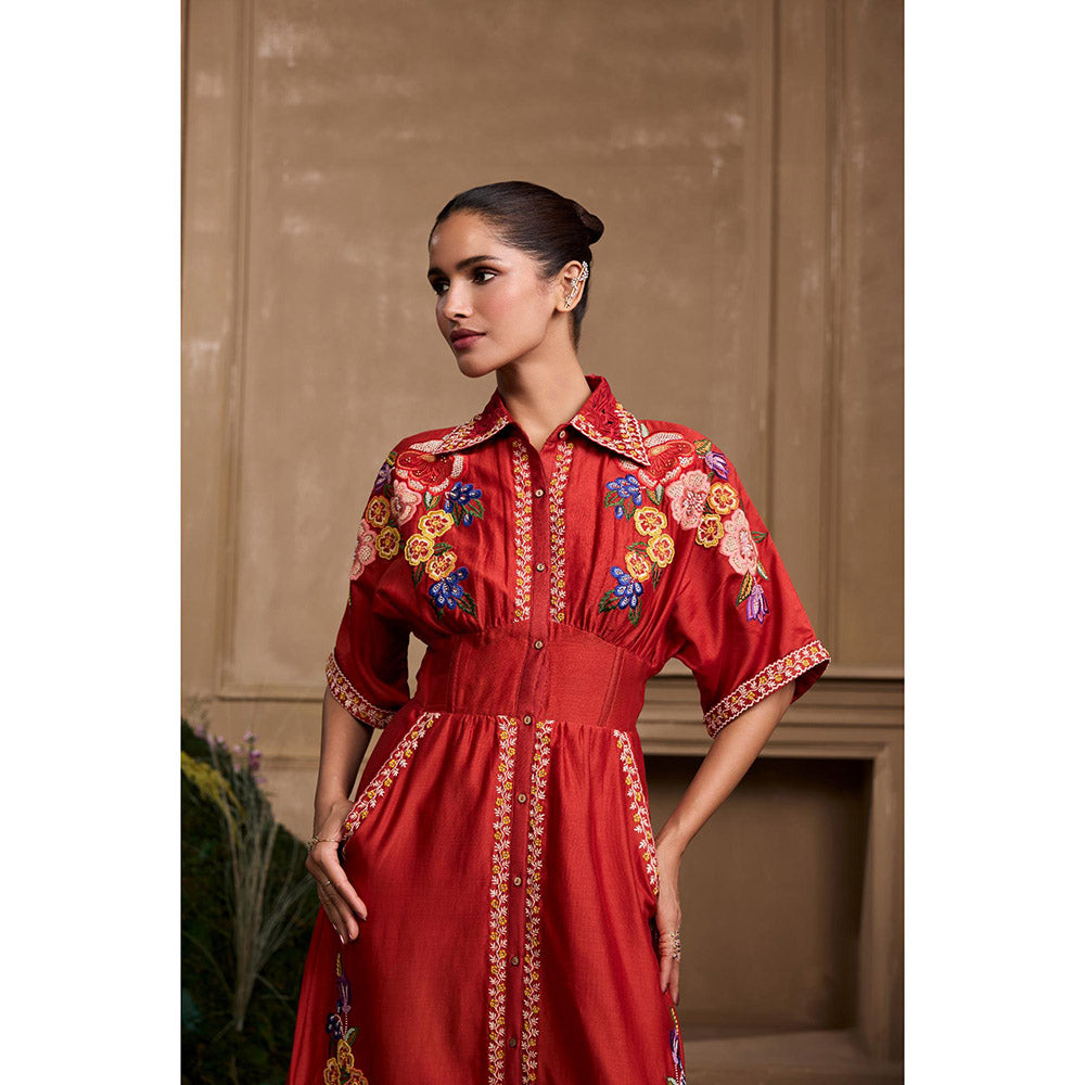 CHANDRIMA Red Embroidered Corseted Shirt Style Dress