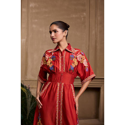 CHANDRIMA Red Embroidered Corseted Shirt Style Dress
