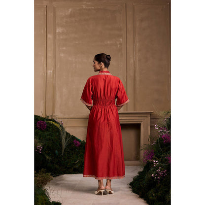 CHANDRIMA Red Embroidered Corseted Shirt Style Dress