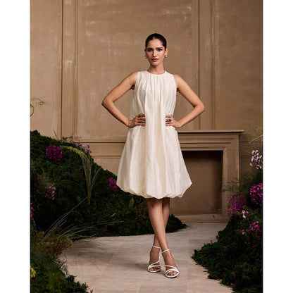 CHANDRIMA Ivory Bubble Hem Gathered Dress