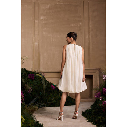 CHANDRIMA Ivory Bubble Hem Gathered Dress