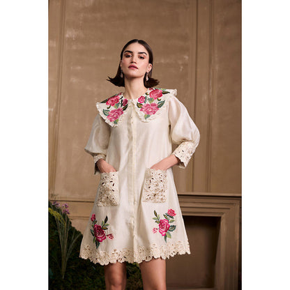 CHANDRIMA Ivory Rose Collared Embroidered Short Dress