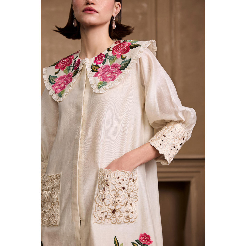 CHANDRIMA Ivory Rose Collared Embroidered Short Dress