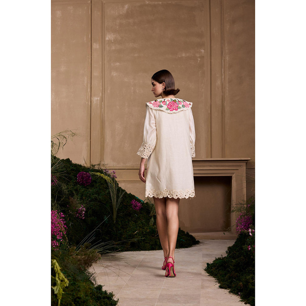 CHANDRIMA Ivory Rose Collared Embroidered Short Dress