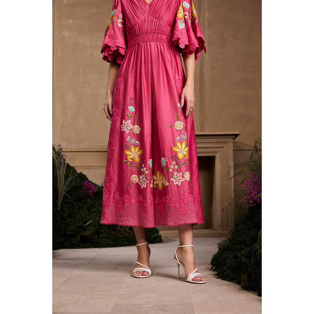 CHANDRIMA Fuchsia Floral Embroidered Ruched Dress