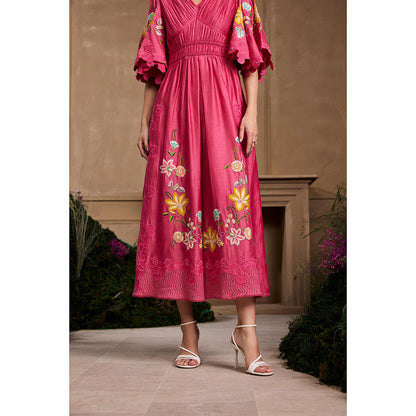CHANDRIMA Fuchsia Floral Embroidered Ruched Dress