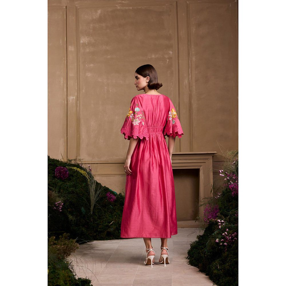 CHANDRIMA Fuchsia Floral Embroidered Ruched Dress