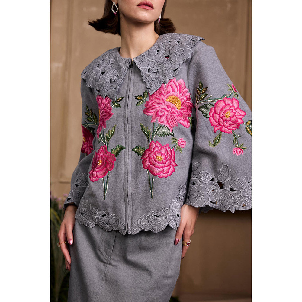 CHANDRIMA Grey Rose Threadwork Short Jacket