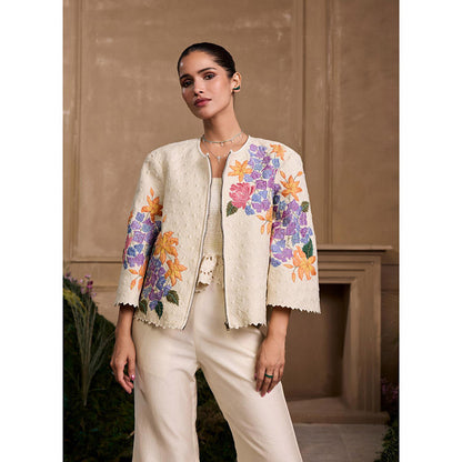 CHANDRIMA Ivory Hydrangea Quilted Short Jacket