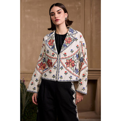 CHANDRIMA Ivory Contrast Panel Floral Short Jacket