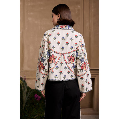 CHANDRIMA Ivory Contrast Panel Floral Short Jacket