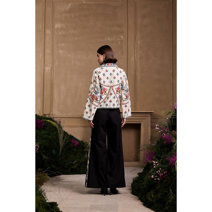 CHANDRIMA Ivory Contrast Panel Floral Short Jacket