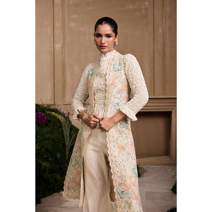 CHANDRIMA Ivory Pastel Floral Quilted Embroidered Long Jacket