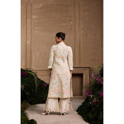 CHANDRIMA Ivory Pastel Floral Quilted Embroidered Long Jacket