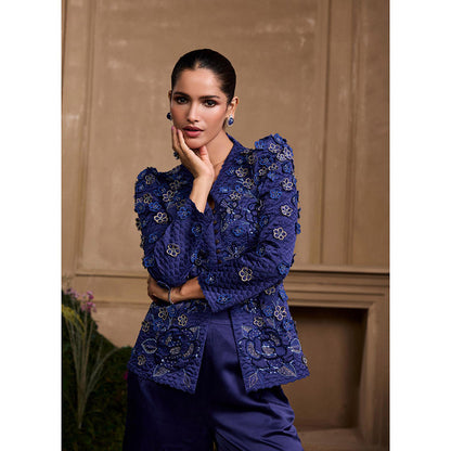 CHANDRIMA Cobalt Blue Metallic Quilted Peplum Jacket