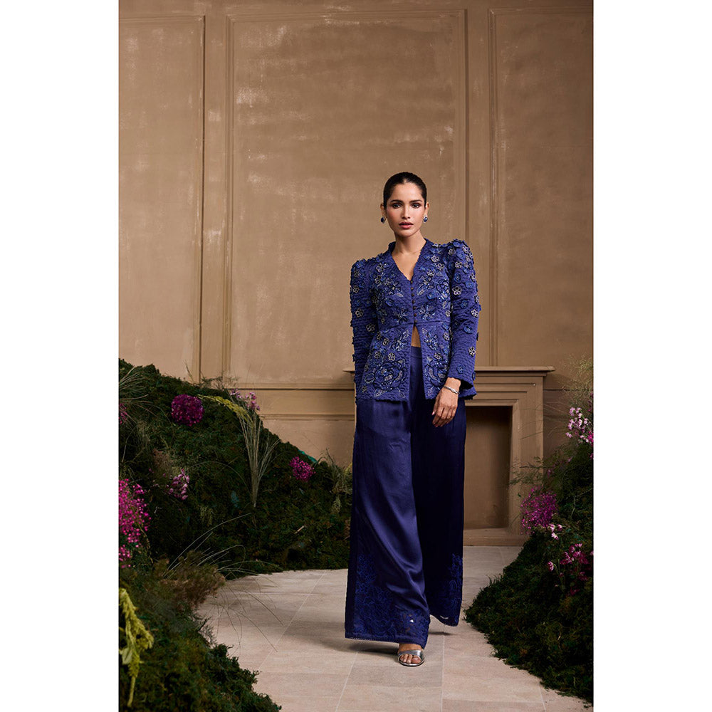 CHANDRIMA Cobalt Blue Metallic Quilted Peplum Jacket