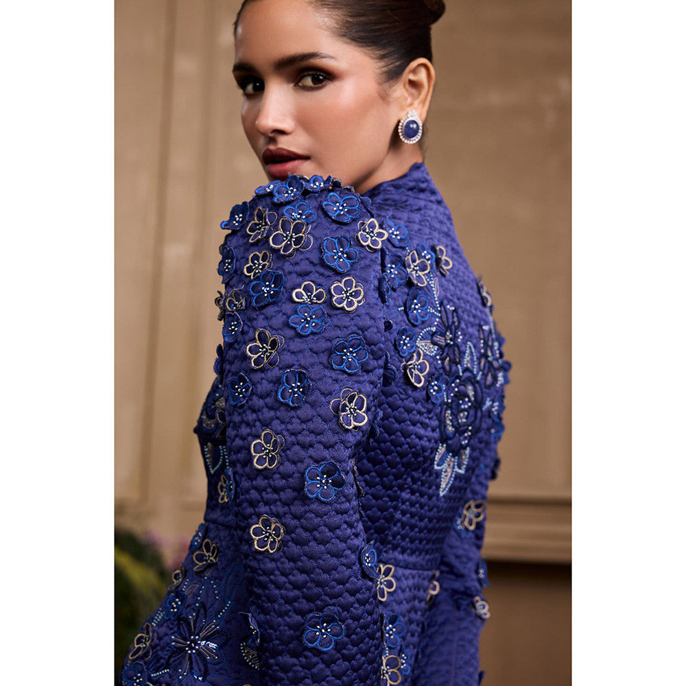 CHANDRIMA Cobalt Blue Metallic Quilted Peplum Jacket