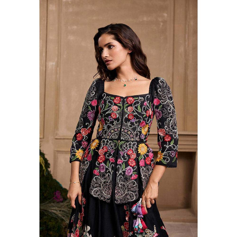 CHANDRIMA Black Floral Embroidered Panelled Jacket