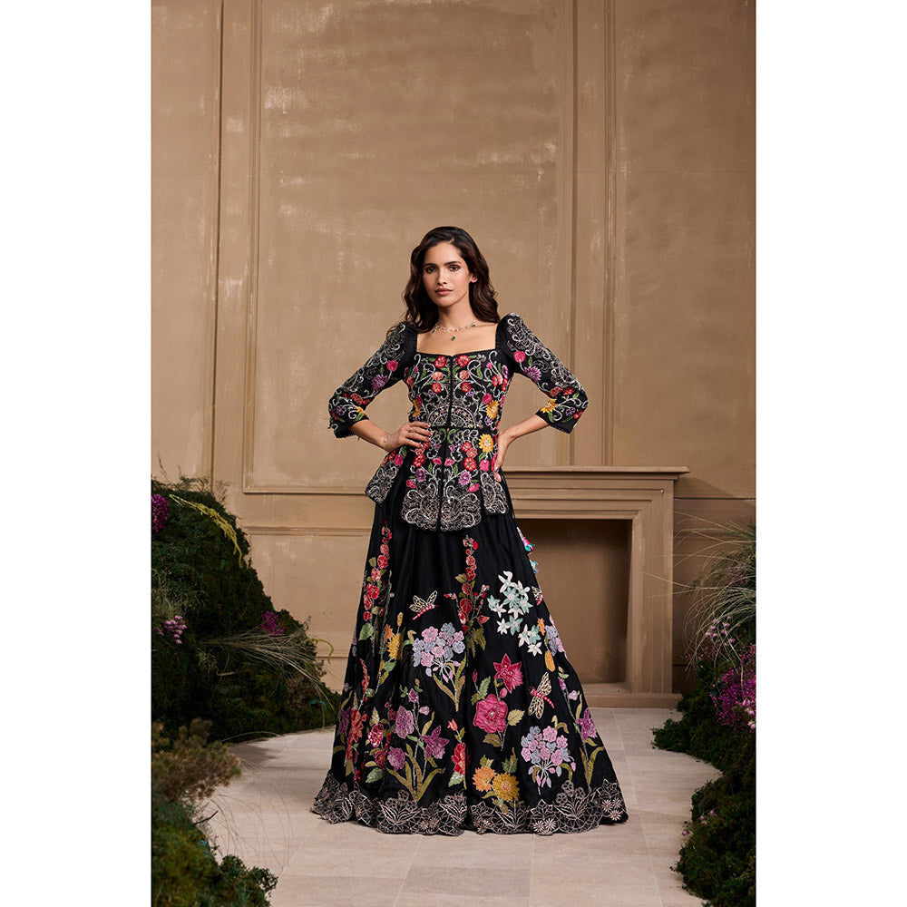 CHANDRIMA Black Floral Embroidered Panelled Jacket