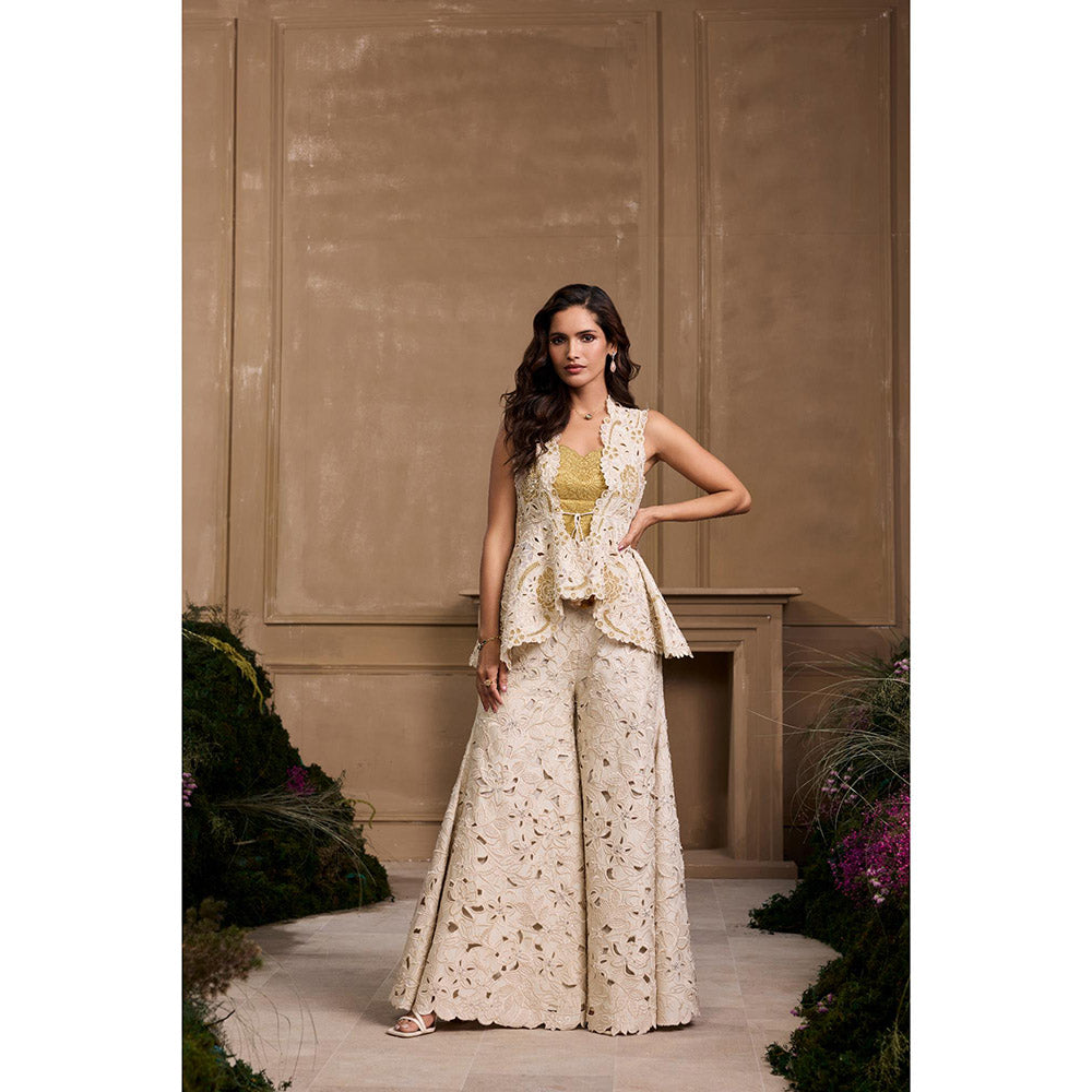CHANDRIMA Ivory Metallic Applique and Cutwork Peplum Jacket