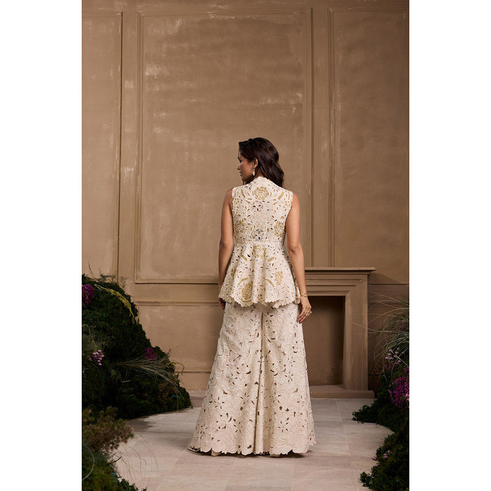 CHANDRIMA Ivory Metallic Applique and Cutwork Peplum Jacket