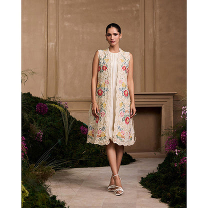 CHANDRIMA Ivory Floral Panel Embroidered Long Jacket