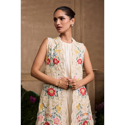 CHANDRIMA Ivory Floral Panel Embroidered Long Jacket