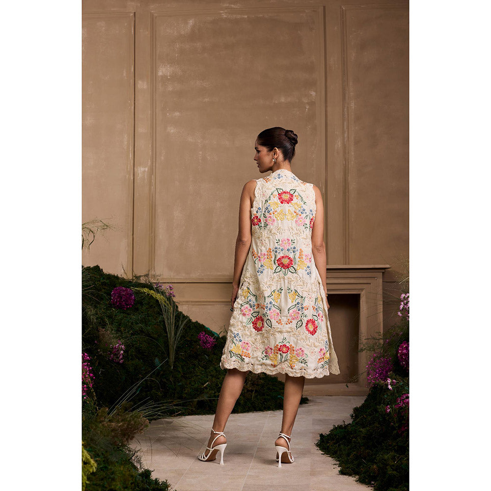 CHANDRIMA Ivory Floral Panel Embroidered Long Jacket