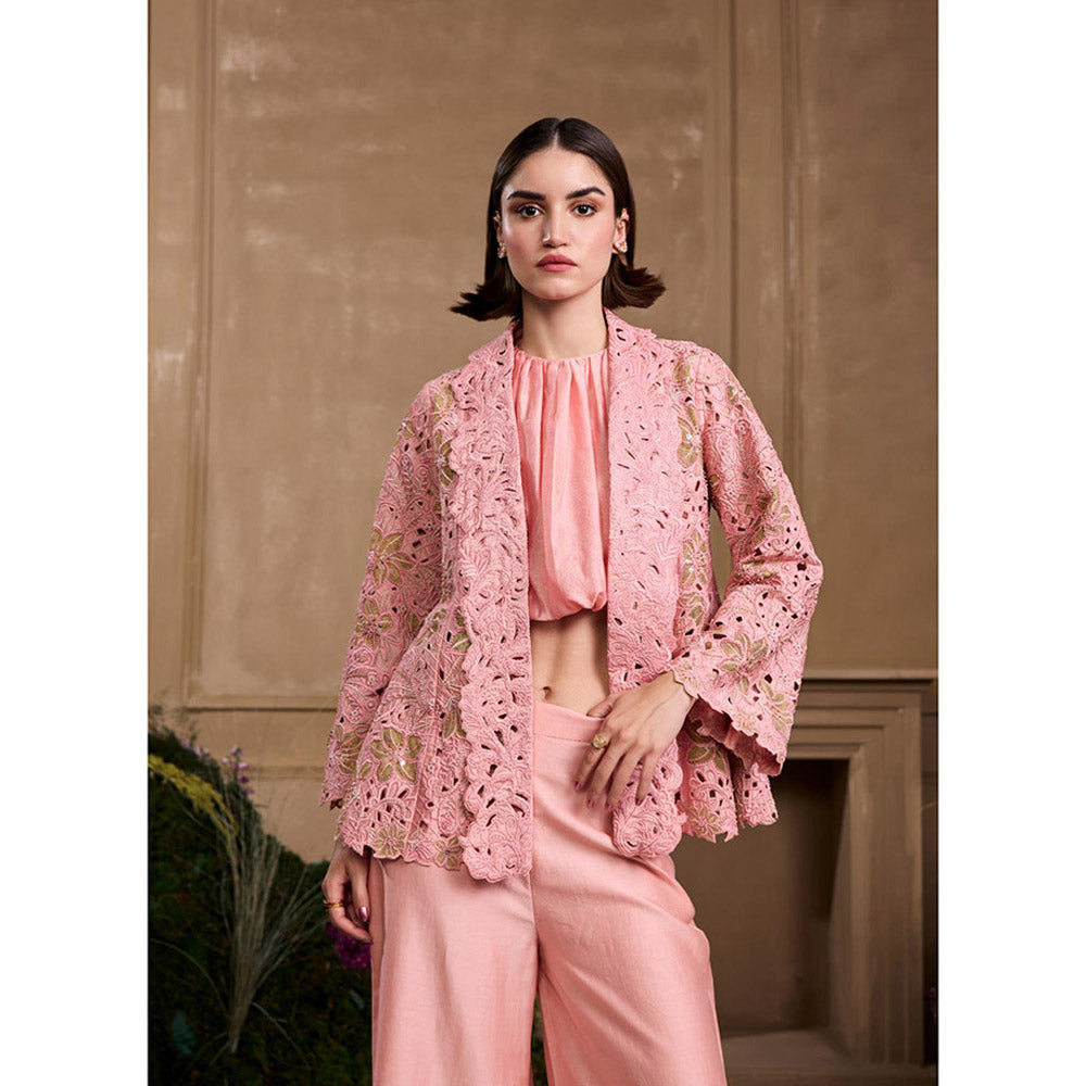 CHANDRIMA Rose Pink Metallic Applique and Cutwork Flared Jacket