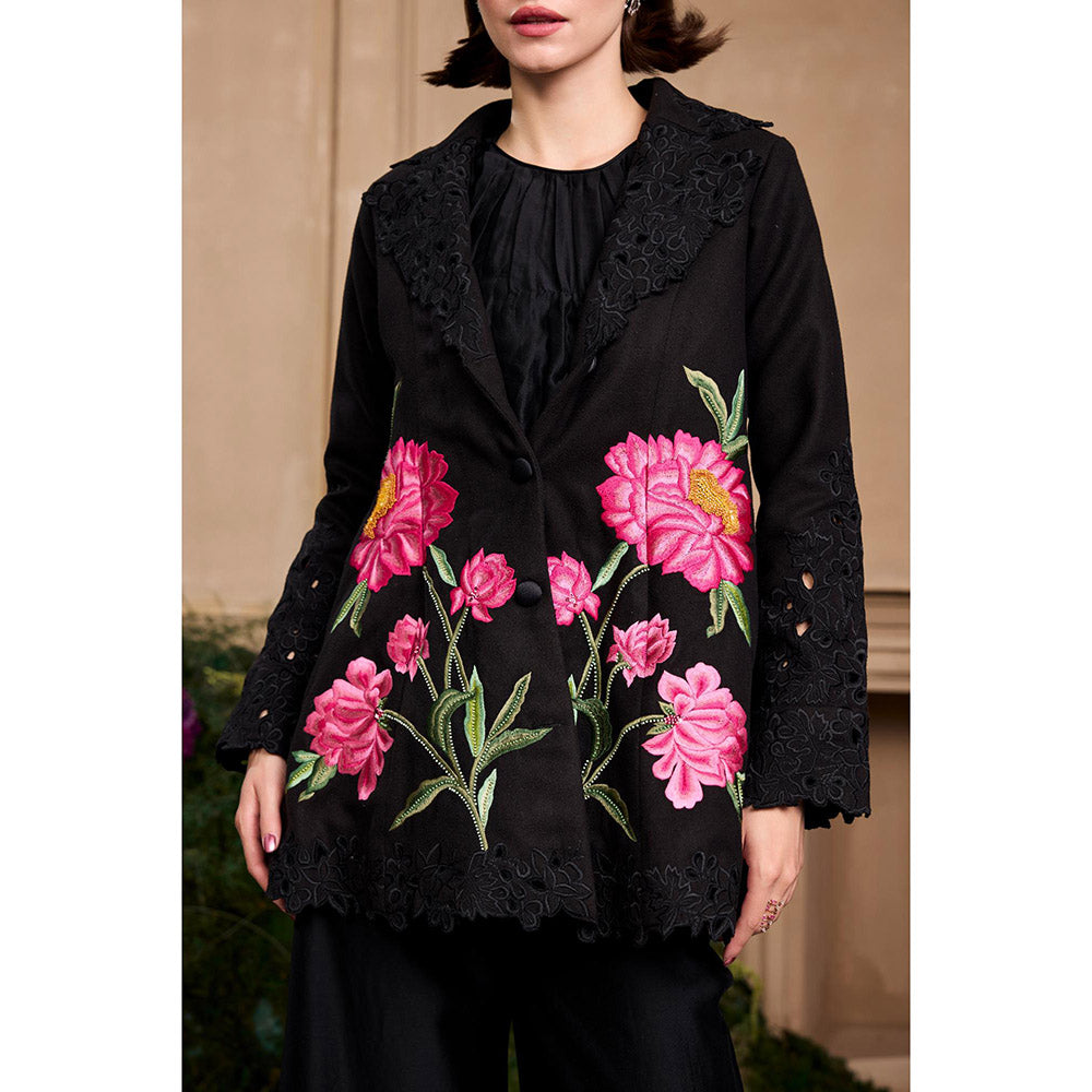 CHANDRIMA Black Rose Flared Embroidered Blazer