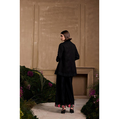 CHANDRIMA Black Rose Flared Embroidered Blazer