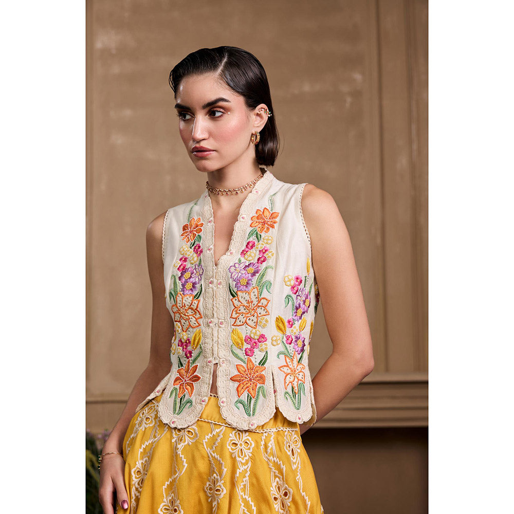 CHANDRIMA Ivory Floral Embroidered Panelled Waistcoat
