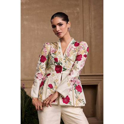 CHANDRIMA Ivory Floral Foliage Pleated Peplum Jacket