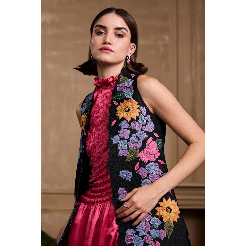 CHANDRIMA Black Hydrangea Applique and Quilted Long Jacket