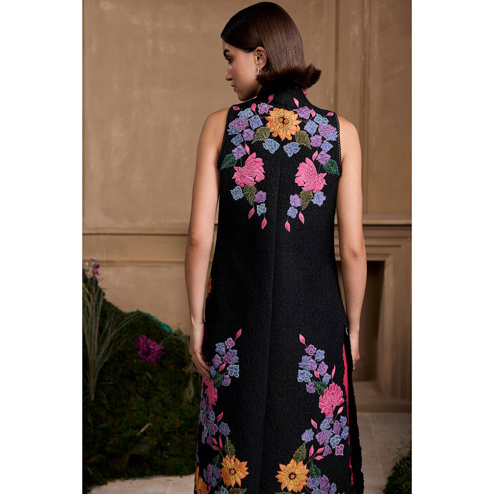 CHANDRIMA Black Hydrangea Applique and Quilted Long Jacket