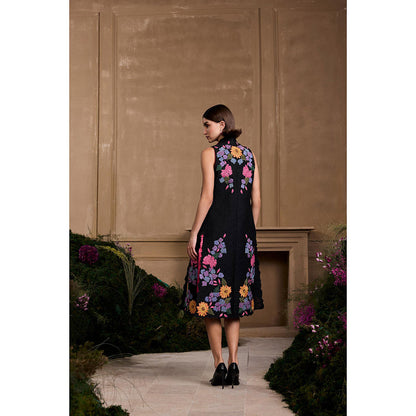 CHANDRIMA Black Hydrangea Applique and Quilted Long Jacket